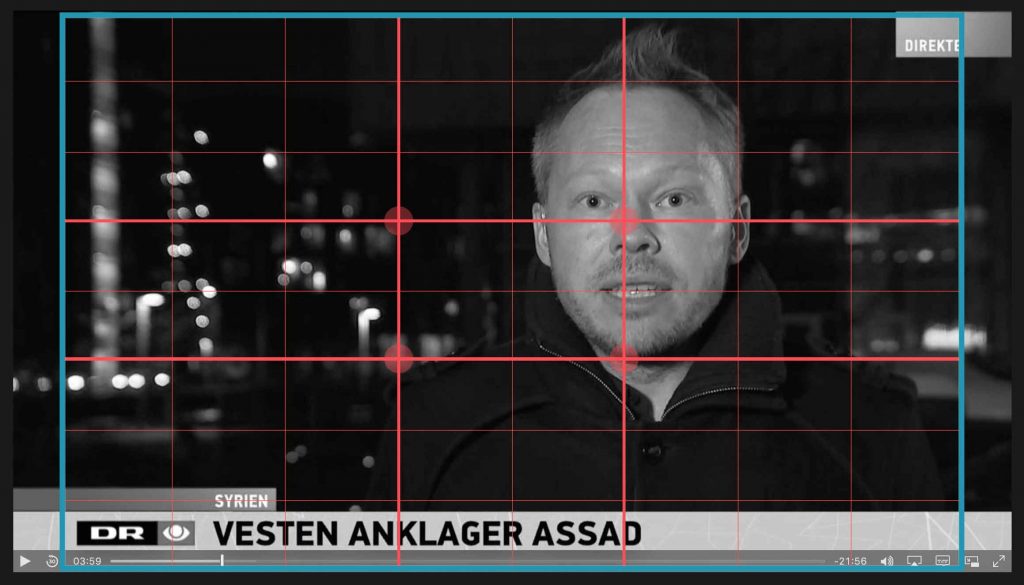 I nyhedsprogrammer vil ham som taler til kameraet næsten altid være placeret i Det gyldne snit. Det skaber en god balance i billedet.